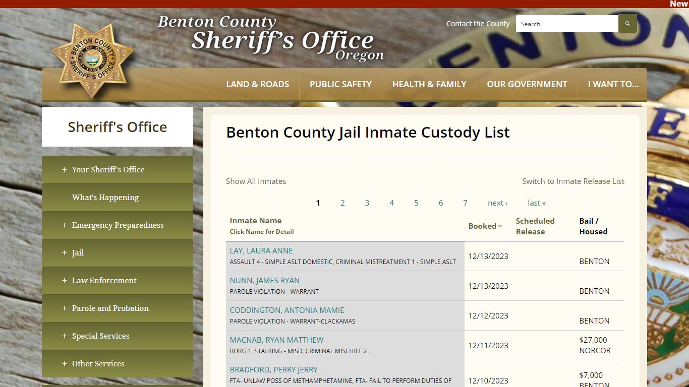 Benton County Jail Inmate Custody List